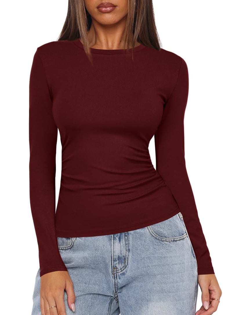 Darong Women's Long Sleeve Crew Neck Tops Casual Ruched Side Slim Fit Basic T Shirts Tee 9067 Wine Red M - Image 1