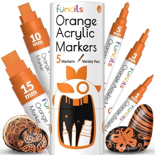 Funcils 5 Orange Paint Pens Extra Fine Tip Thin Jumbo 1mm 3mm 6mm 10mm 15mm Acrylic Orange Paint Marker for Metal Fabric Pen Plastic Canvas Wood Rock Painting Waterbased Ink - Image 1