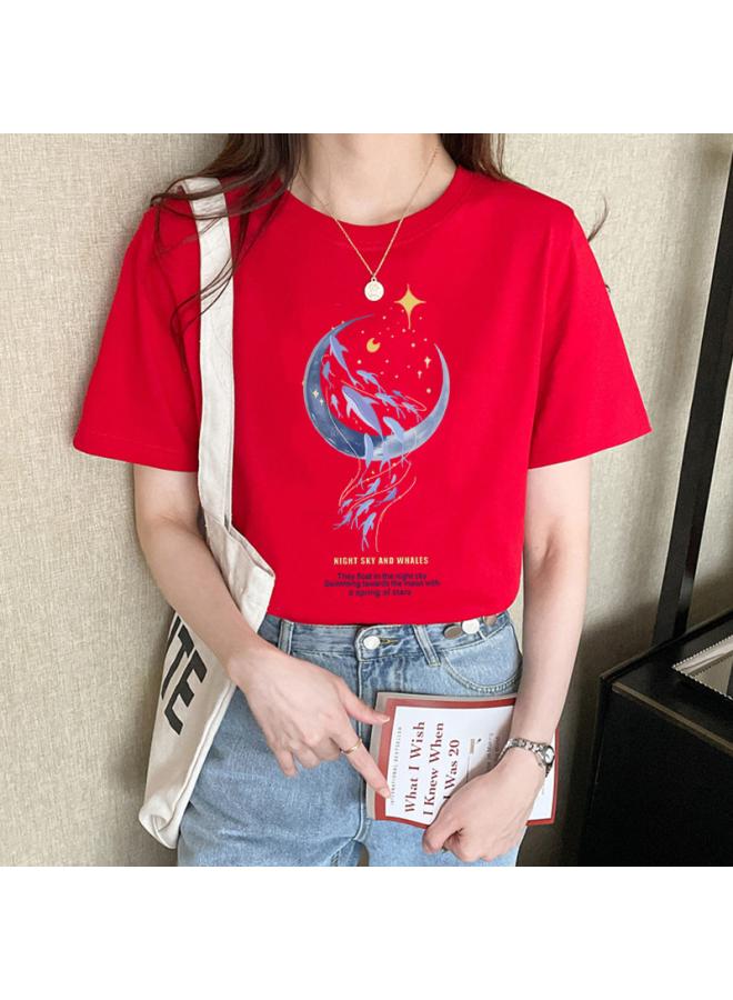 Song Feng Ya Loose Cotton Short-sleeved T-shirt Women's Summer New Style Beautiful Top Design Sense Printed Sweatshirt Women's Round Neck Spring And Autumn 