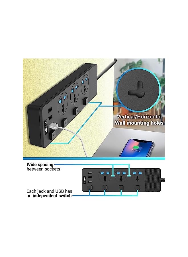 Yakiter Extension Lead with 3 USB Slots | 5 Meter Cable Cord Power Strip, 3 Way Universal Socket | Smart Charging Station Hub, Individually Switched, Surge Protected, and Wall Mount UK Plug (Black) - Image 4