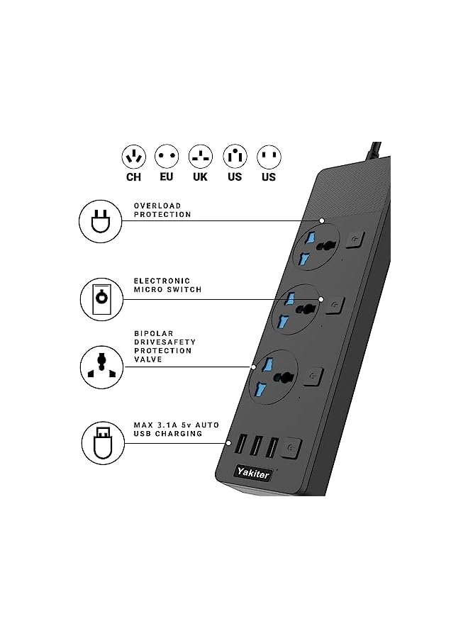 Yakiter Extension Lead with 3 USB Slots | 5 Meter Cable Cord Power Strip, 3 Way Universal Socket | Smart Charging Station Hub, Individually Switched, Surge Protected, and Wall Mount UK Plug (Black) - Image 3