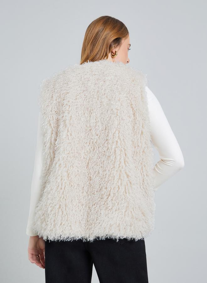 Take Two Beige Sleeveless Faux Fur Coat - Image 4