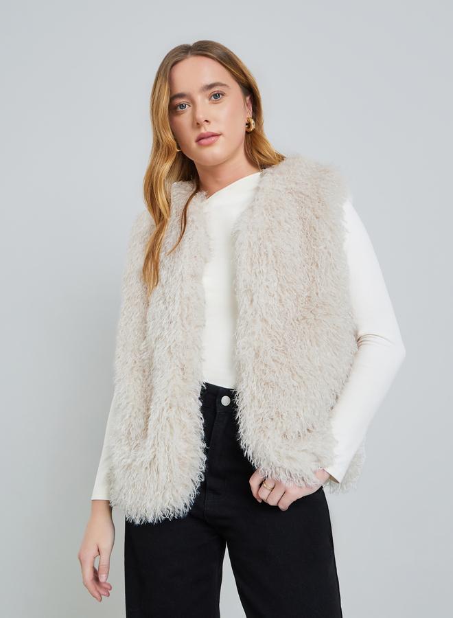 Take Two Beige Sleeveless Faux Fur Coat - Image 5