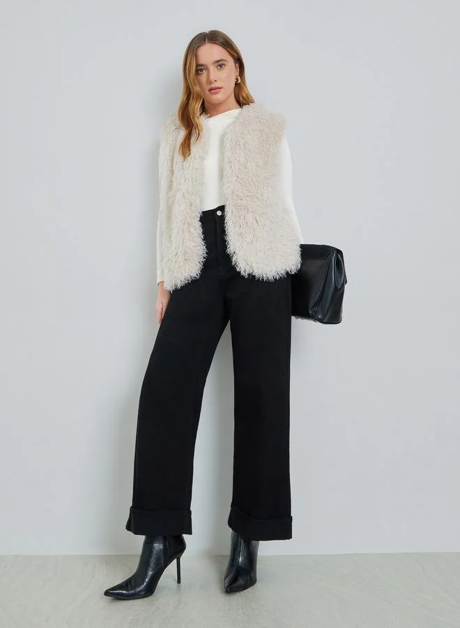 Take Two Beige Sleeveless Faux Fur Coat
