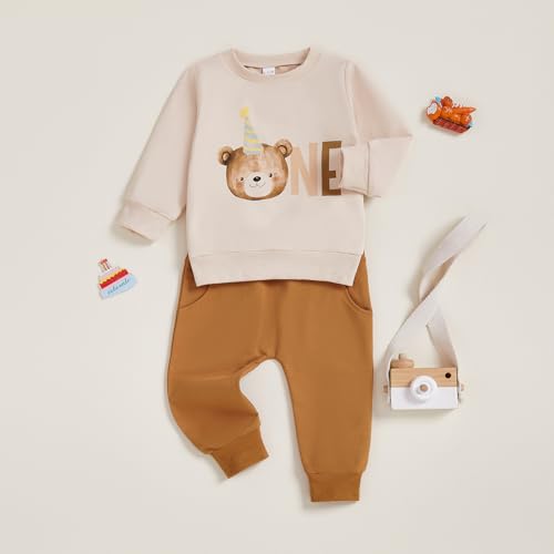 Frietlebird 1st Birthday Outfit Boy First Birthday Outfit Boy Beary First Long Sleeve Bear Print Sweatshirt Pants Cake Smash Clothes (B-Beige Brown,6-12 Months) - Image 2