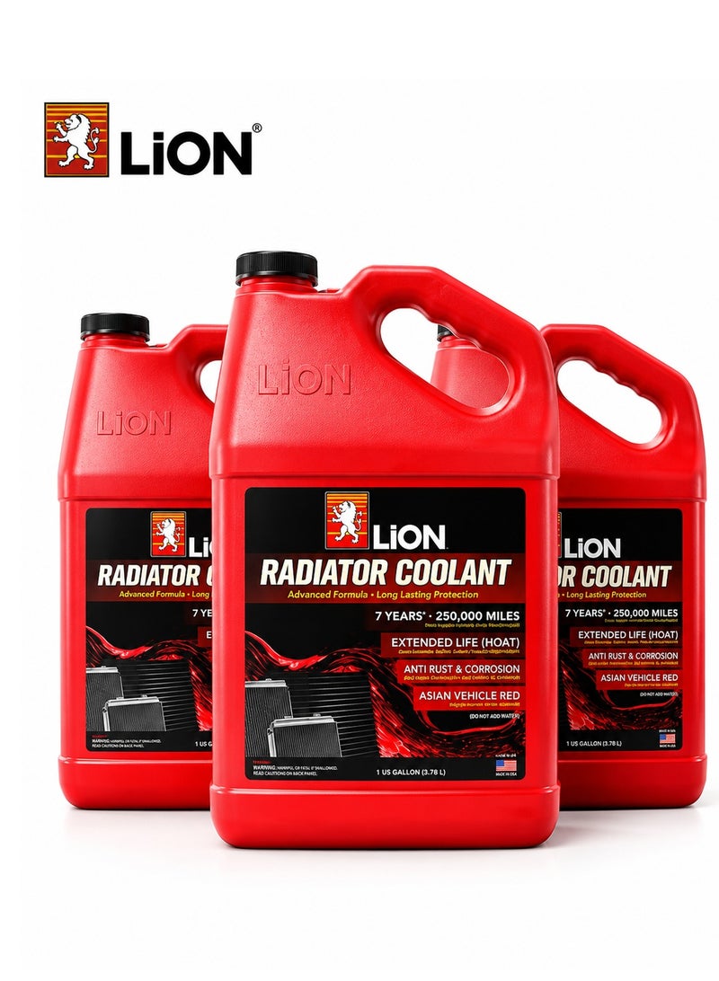 LION Radiator Coolant Ready to Use Red Coolant Liquid 3.785L 3 Pc Combo Long Life Engine Cooling Fluid for Asian Vehicles Anti Rust Corrosion Protection Pre Mixed Formula for Car SUV Pickup Truck Radiator Care ERPC1001 - Image 1