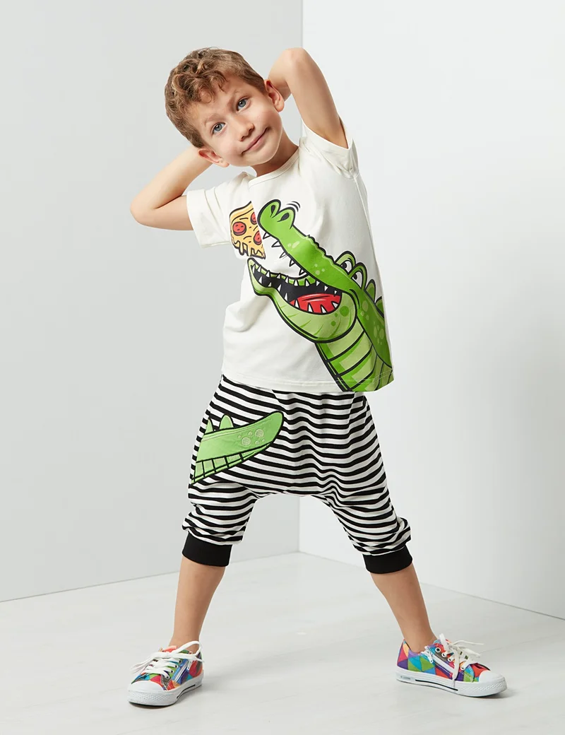 Denokids Pizza Crocodile Boy T-shirt Capri Shorts Set