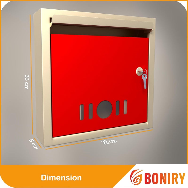 Boniry صندوق متعدد الاستخدامات بحجم A4 صندوق بريد معدني/صندوق اقتراحات/صندوق شكاوى/صندوق تبرعات للمنزل والمكتب مع قفل، يمكن وضعه على الطاولة أو تعليقه على الحائط (أحمر وعاجي) - Image 2