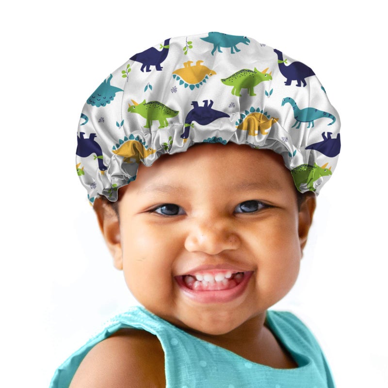 Babrukda Kids Hair Cover, Children Satin Bonnet, Boys Girls Satin Sleep Cap, Adjustable Elastic Band Beanie Hat for Night Sleeping Easy Clean Headwear for Toddler Baby Dinosaur - Image 1