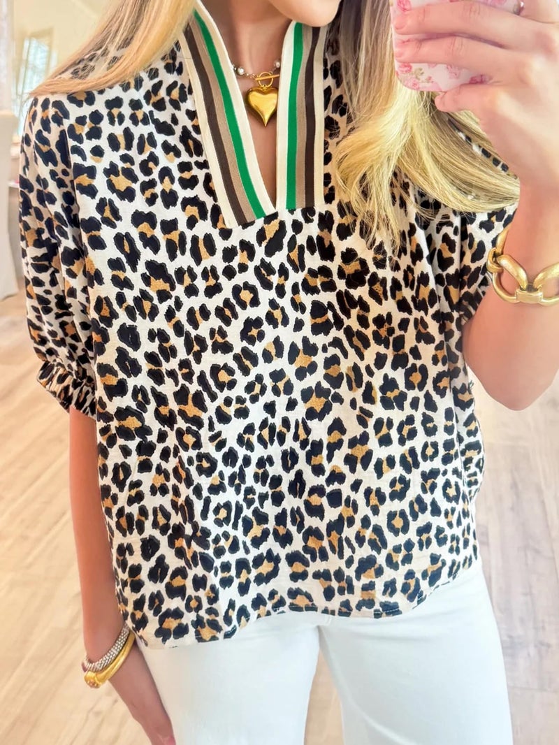 Samefar Dressy Blouses for Women Short Sleeve Tops Striped V Neck Summer Casual Loose Fit Business Tee Shirts Leopard Small - Image 2