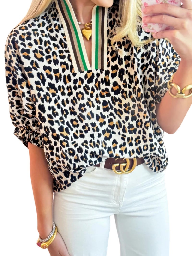Samefar Dressy Blouses for Women Short Sleeve Tops Striped V Neck Summer Casual Loose Fit Business Tee Shirts Leopard Small - Image 1