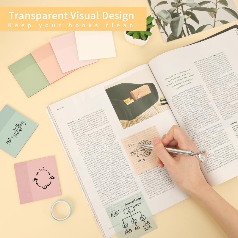 EOOUT Transparent Sticky Notes, 6 Pads 3x3 Inch, 6 Colors Pastel Clear Self-Adhesive Waterproof Translucent Sticky Notes, 300 Sheets, for Bible Tabs, Book Tabs, School Supplies, Office - Image 3