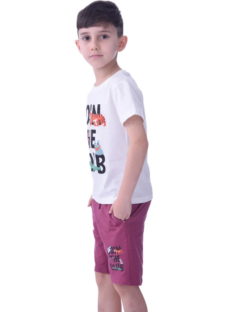 victor and jane Kids Boys 2-piece Set - T-Shirts & Shorts -Off-White and Plum (100% Cotton)