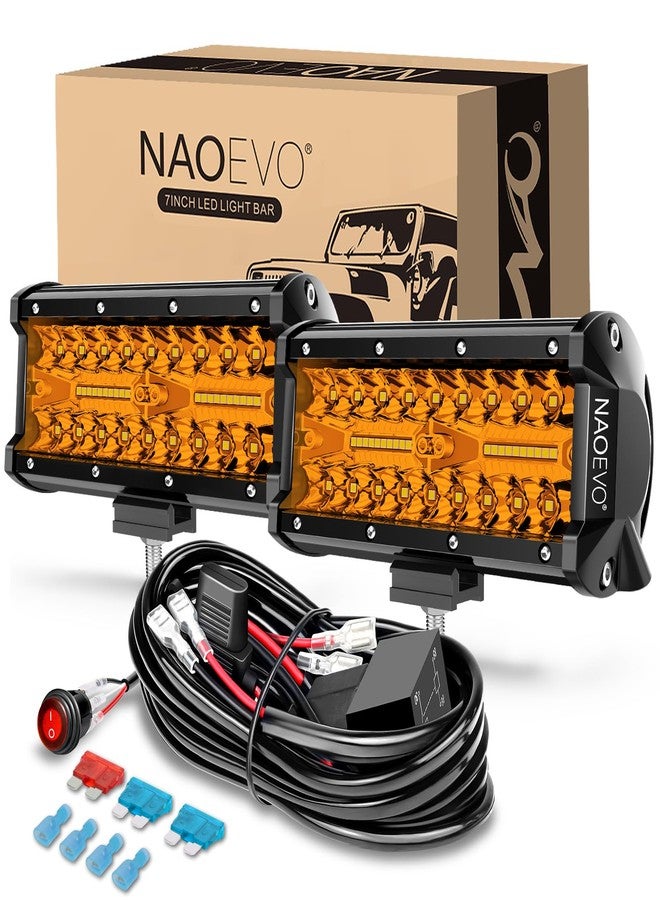 NAOEVO 7 Inch Amber LED Light Bar, 240W 24,000LM Offroad Fog/Driving Lights LED Pods with 2 Leads Wiring Harness Kit, Spot & Flood Work for Truck Boat UTV ATV, 2-Pack (Amber) - Image 1