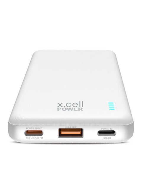 Xcell 10,000mAh Power Bank | 20W USB-C PD + 18W USB-A | Dual Input Charging | Compact Portable Power Station | iPhone, Samsung Galaxy, MacBook Air, iPad Pro Compatible | 36 Hours Power - White