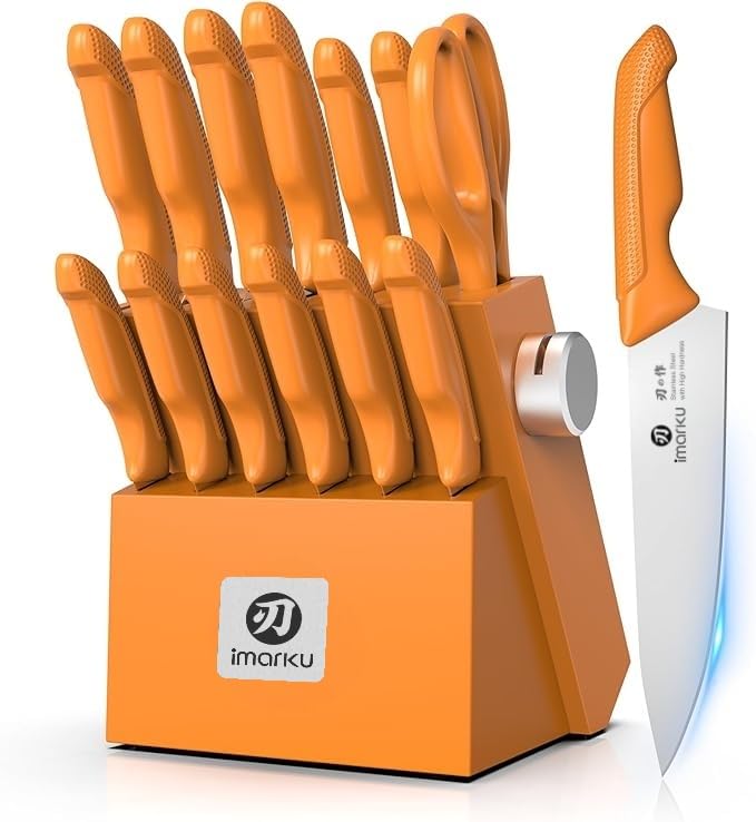 imarku® Knife Set, Sharp Block Knife Set with Built-in Sharpener, Japanese Stainless Steel with Non-Slip Ergonomic Handle, Dishwasher Safe, Kitchen Gift for Man Woman, Best For Home gift, Burnt Orange - Image 1