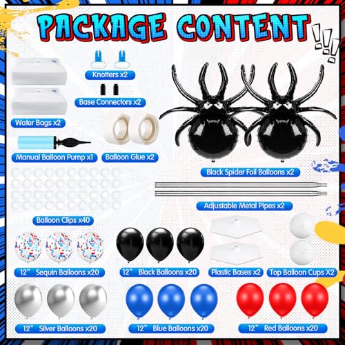 Kasyat 2 Sets Spider Party Balloon Column Stand Kit with 2 Spider and 100 Red Blue Black Latex Balloons Adjustable Arch Stands for Birthday Baby Shower Hero Theme Party Decorations - Image 5