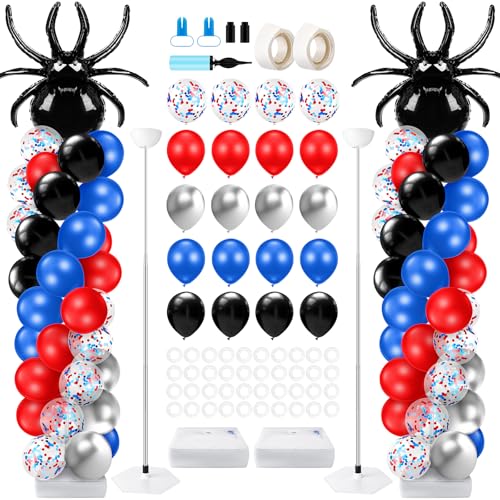 Kasyat 2 Sets Spider Party Balloon Column Stand Kit with 2 Spider and 100 Red Blue Black Latex Balloons Adjustable Arch Stands for Birthday Baby Shower Hero Theme Party Decorations - Image 1