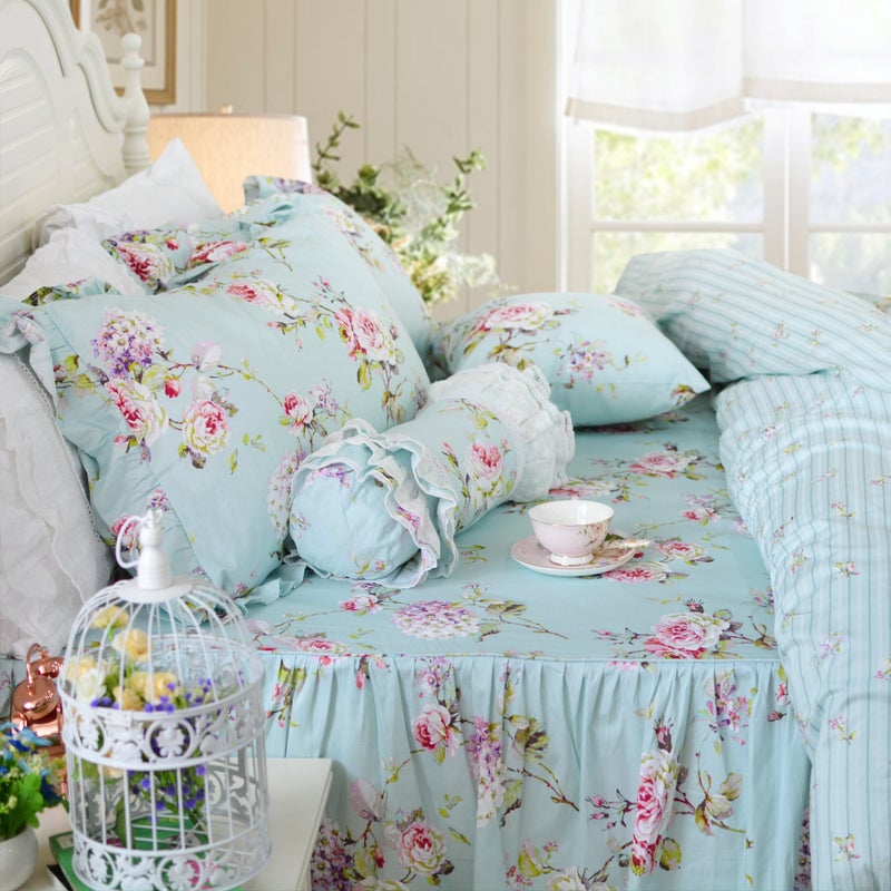 FADFAY Shabby Floral Bedding Full Size Premium 100% Cotton Vintage Hydrangea Pint Duvet Cover Set with Bedskirt French Country Style with Ruffle 4 Pcs?1 Bedskirt?1 Duvet Cover?2 Pillowshams - Image 1