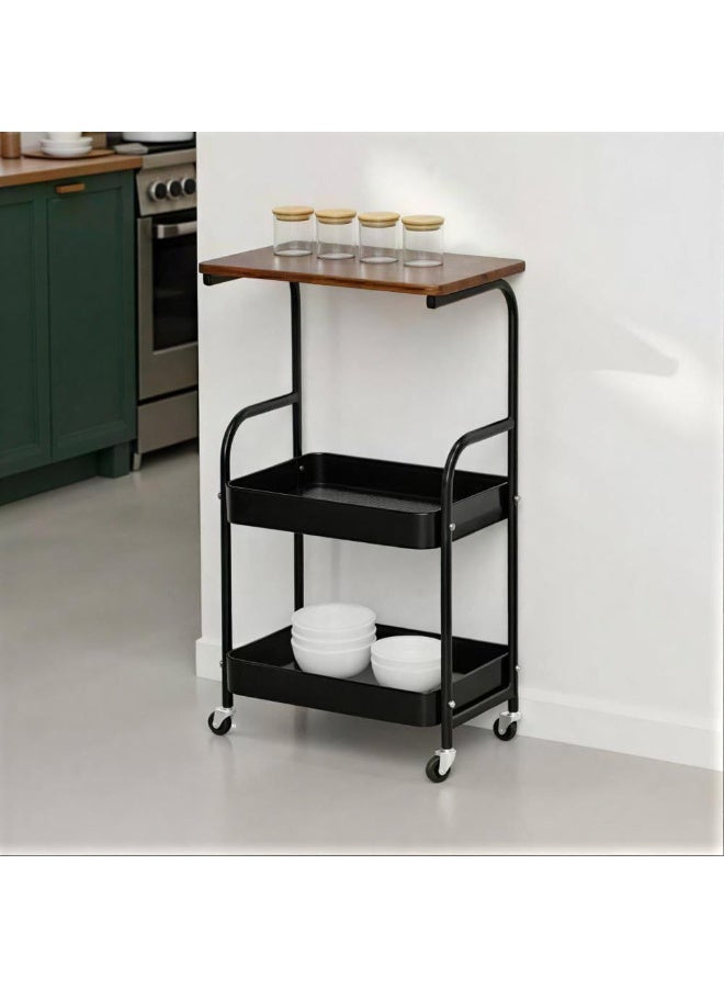 Two-Tier Wheeled Storage Trolley with Wooden Top and Black Metal Shelves - Image 2