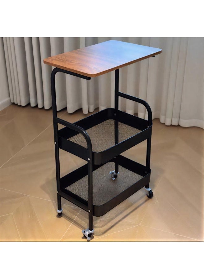 Two-Tier Wheeled Storage Trolley with Wooden Top and Black Metal Shelves - Image 1