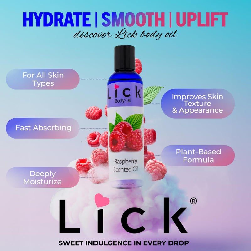 LICK زيت الجسم المعطر بتوت العليق - زيت مرطب فاخر لبشرة متألقة، غني بزيوت الخروع، اللوز، الجوجوبا، وفيتامين E. مثالي للتدليك، والعناية اليومية 4 أونصة سائلة. - Image 4