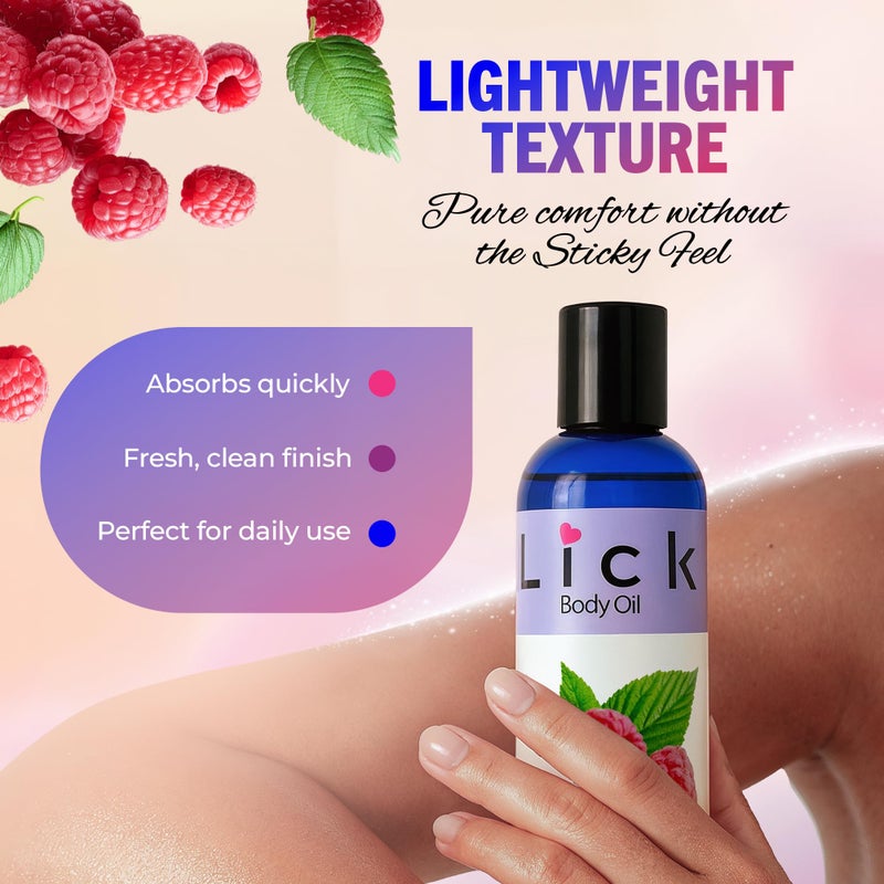 LICK زيت الجسم المعطر بتوت العليق - زيت مرطب فاخر لبشرة متألقة، غني بزيوت الخروع، اللوز، الجوجوبا، وفيتامين E. مثالي للتدليك، والعناية اليومية 4 أونصة سائلة. - Image 5