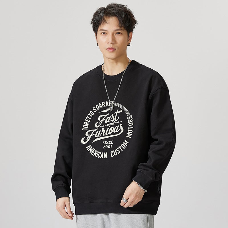 F5031 | Plus size men''s autumn and winter New 380g heavy cotton round neck sweater loose fashion printed top for men - Image 4