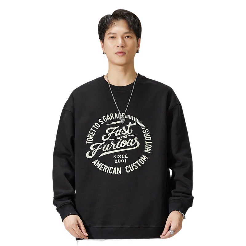 F5031 | Plus size men''s autumn and winter New 380g heavy cotton round neck sweater loose fashion printed top for men - Image 2