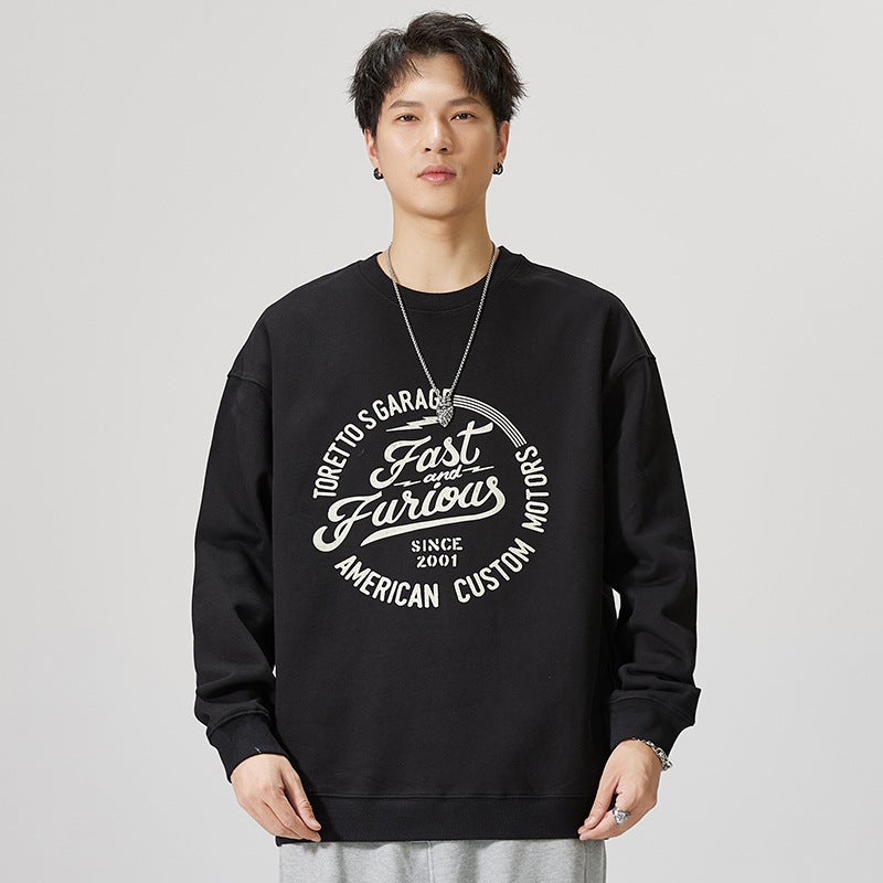 F5031 | Plus size men''s autumn and winter New 380g heavy cotton round neck sweater loose fashion printed top for men - Image 3