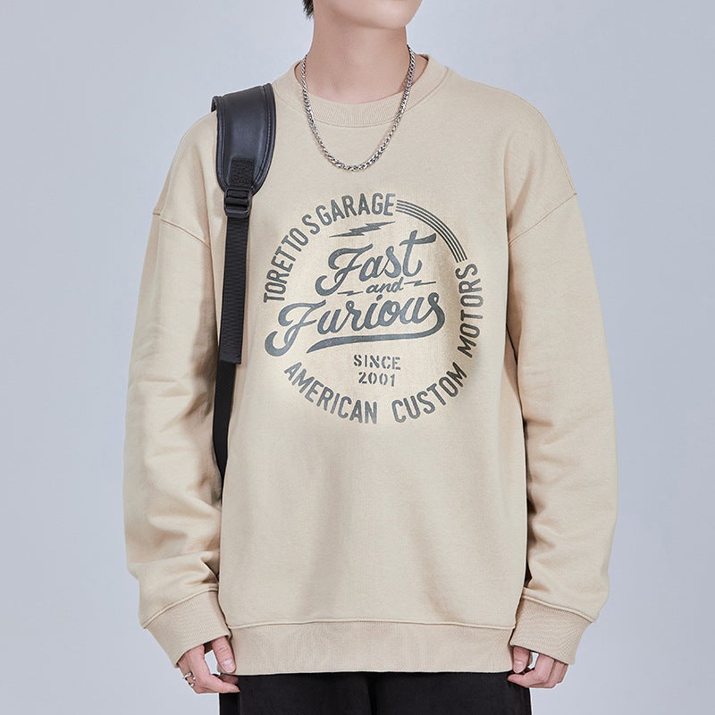 F5031 | Plus size men''s autumn and winter New 380g heavy cotton round neck sweater loose fashion printed top for men - Image 1