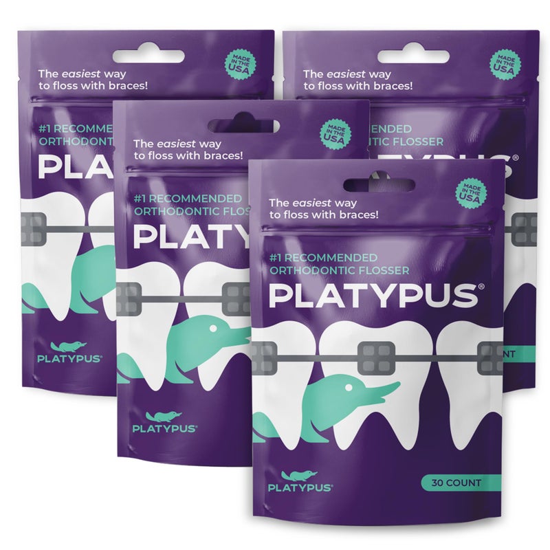Platypus Orthodontic Flossers for Braces 30 Count Pack of 4 Ortho Picks for Adults Kids Fits Under Arch Wire NonDamaging Encourage Flossing Habits