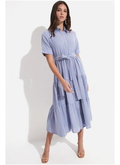JUNE June Exclusive Waist Tie 100% Cotton Shirt Dress Blue  - Image 1