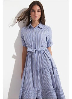 JUNE June Exclusive Waist Tie 100% Cotton Shirt Dress Blue  - Image 4
