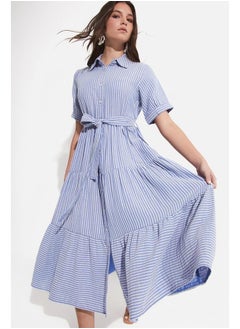 JUNE June Exclusive Waist Tie 100% Cotton Shirt Dress Blue  - Image 3