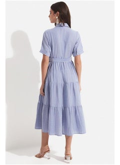 JUNE June Exclusive Waist Tie 100% Cotton Shirt Dress Blue  - Image 5