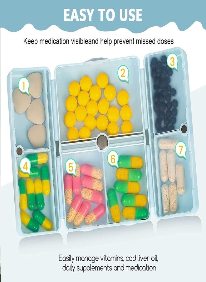 HANNEA® Daily Pill Organizer, 7 Compartments Portable Pill Case Travel Pill Organizer, Folding Design Pill Box for Purse Pocket to Hold Vitamins,Cod Liver Oil,Supplements and Medication, Blue - Image 5