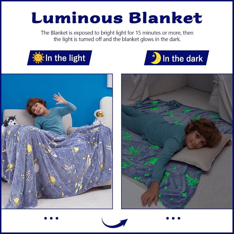 KASTWAVE Glow in The Dark Blanket, 50" x 60" Throw Blankets Super Cozy Plush Soft Fleece Blanket for Girls Boys Birthday Gifts, Plush Galaxy Pattern Bedroom, for Kids (Blue, Galaxy) - Image 3