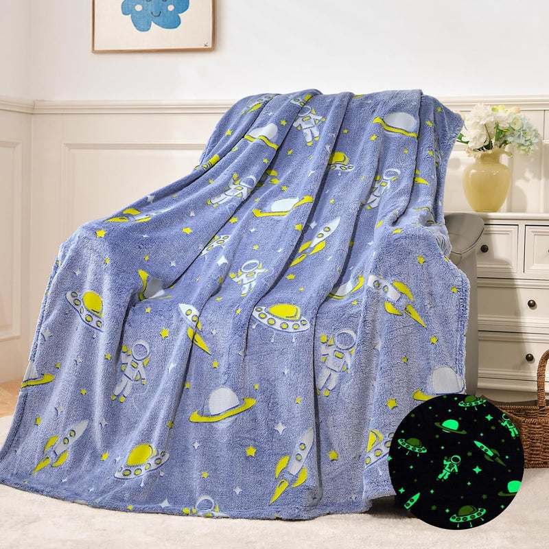 KASTWAVE Glow in The Dark Blanket, 50" x 60" Throw Blankets Super Cozy Plush Soft Fleece Blanket for Girls Boys Birthday Gifts, Plush Galaxy Pattern Bedroom, for Kids (Blue, Galaxy) - Image 1