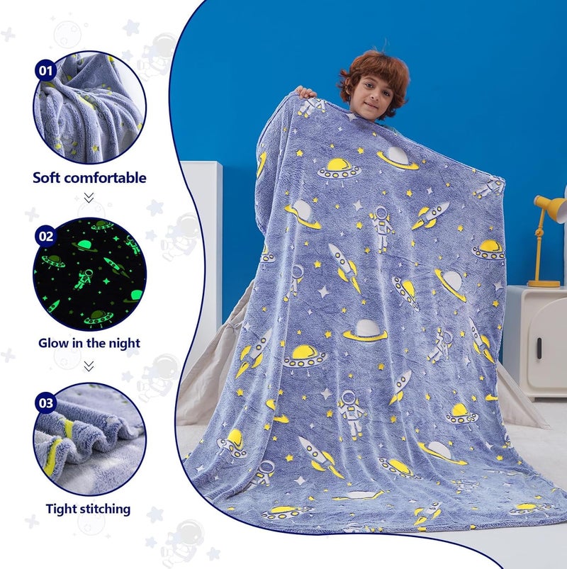 KASTWAVE Glow in The Dark Blanket, 50" x 60" Throw Blankets Super Cozy Plush Soft Fleece Blanket for Girls Boys Birthday Gifts, Plush Galaxy Pattern Bedroom, for Kids (Blue, Galaxy) - Image 2
