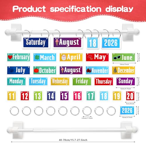 haffy 2026 Upgraded Magnetic Rod Flip Calendar for Classroom Colorful Calendar Date Cards Colorful Decor Magnetic Rod for Classroom Whiteboard - Image 3