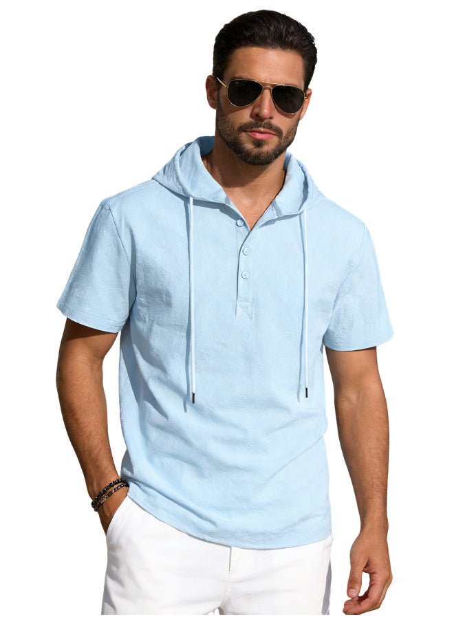 American-style Men's Summer Cotton-linen Short-sleeved Hooded Solid Color Casual Breathable Loose European Size T-shirt Men