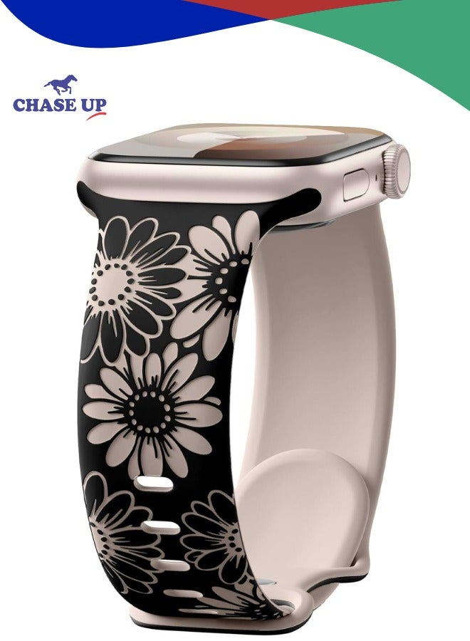 Chase Up Floral Engraved Strap Compatible with Apple Watch Strap 45mm 44mm 42mm 49mm for Women, Two-Tone Flower Soft Silicone Sport Band for Apple Watch Band/ iWatch Series 9 8 7 6 5 4 3 2 1 SE Ultra - Image 1
