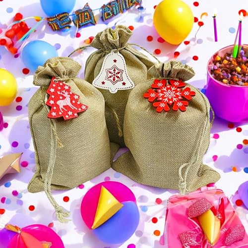 KRIWIN 12 pcs (4X6 inch) Burlap Drawstring Pouches with Red and White Christmas Ornaments, Jute - Image 5