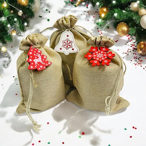 KRIWIN 12 pcs (4X6 inch) Burlap Drawstring Pouches with Red and White Christmas Ornaments, Jute - Image 2