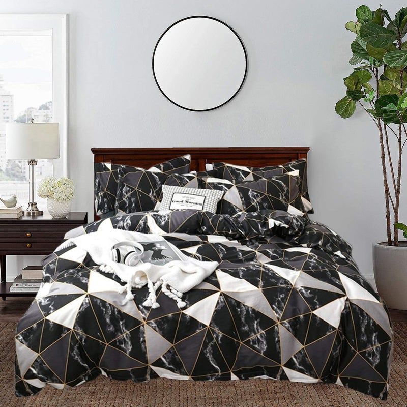 CLOTHKNOW Black Marble Queen Comforter Set 3Pcs Black Grey White Bedding Comforter Sets All Season Triangle Geometric Comforter with 2 x Pillow Cases