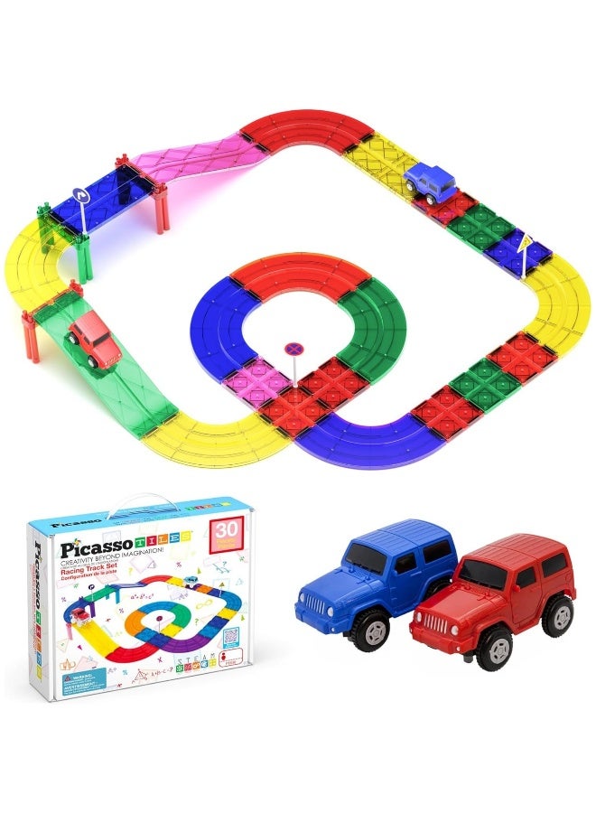 PicassoTiles مجموعة بلاط بيكاسو لمسار سباق السيارات مع 2 سيارة لعبة (30 قطعة) - Image 4