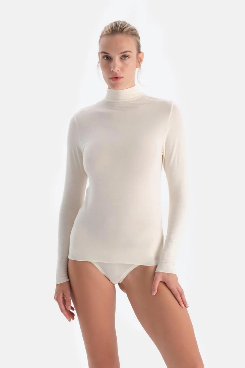 dagi Ecru 5118KC Modal Cashmere Turtleneck Long Sleeve Top