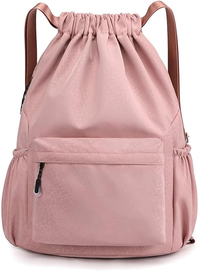 S-TOP Drawstring Backpack, Oxford Cloth Backpack, Water Resistant String Bag, Large Capacity Casual Backpack, with Side Zipper Pocket for Shopping Sport Yoga, Pink - Image 1