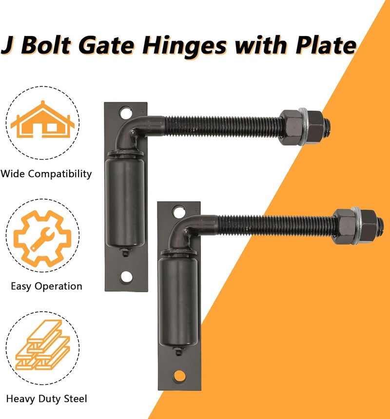 Solwim 2 Pack Steel J-Bolt Hinge with Plate,Heavy-Duty Welded Hingefor Doors Gates,Heavy-Duty Driveway Gates for Welding on Larger Iron or Steel Gates(Black,A-5/8) - Image 2